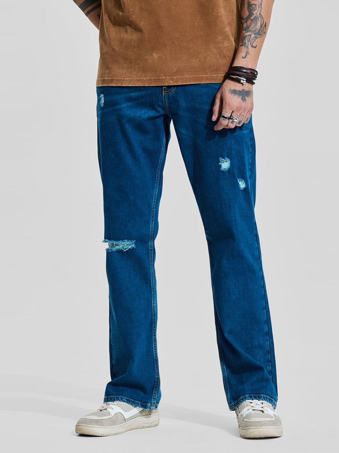 Snitch Men Classic Dark Blue Distressed Stretchable Bootcut Jeans