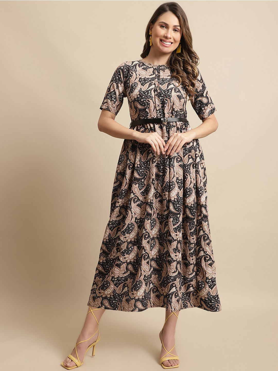 Metronaut Women Conversational Print Fit & Flare Midi Dress Comes with a belt