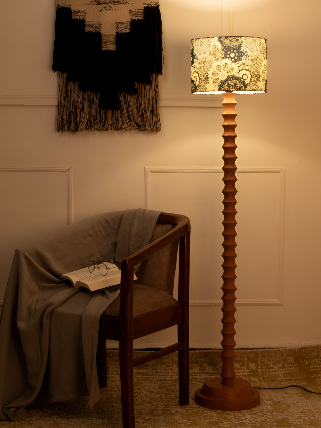 green girgit White & Brown Batik Printed Wooden Cylinder Shaped Floor Lamp