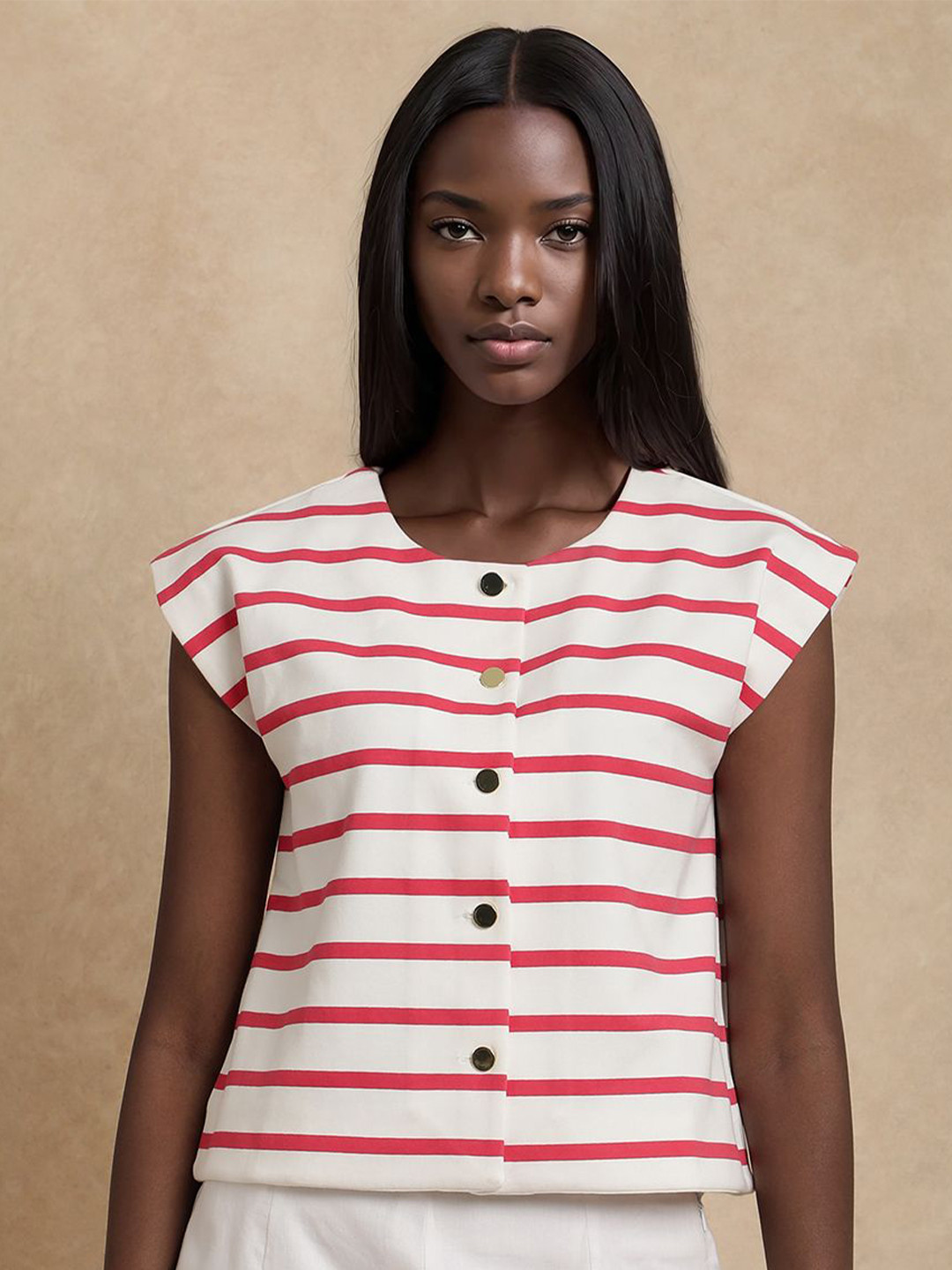 RAREISM Boxy Striped Cap Sleeves Shirt Style SOMDEX PRIMARY OFF WHITE Top