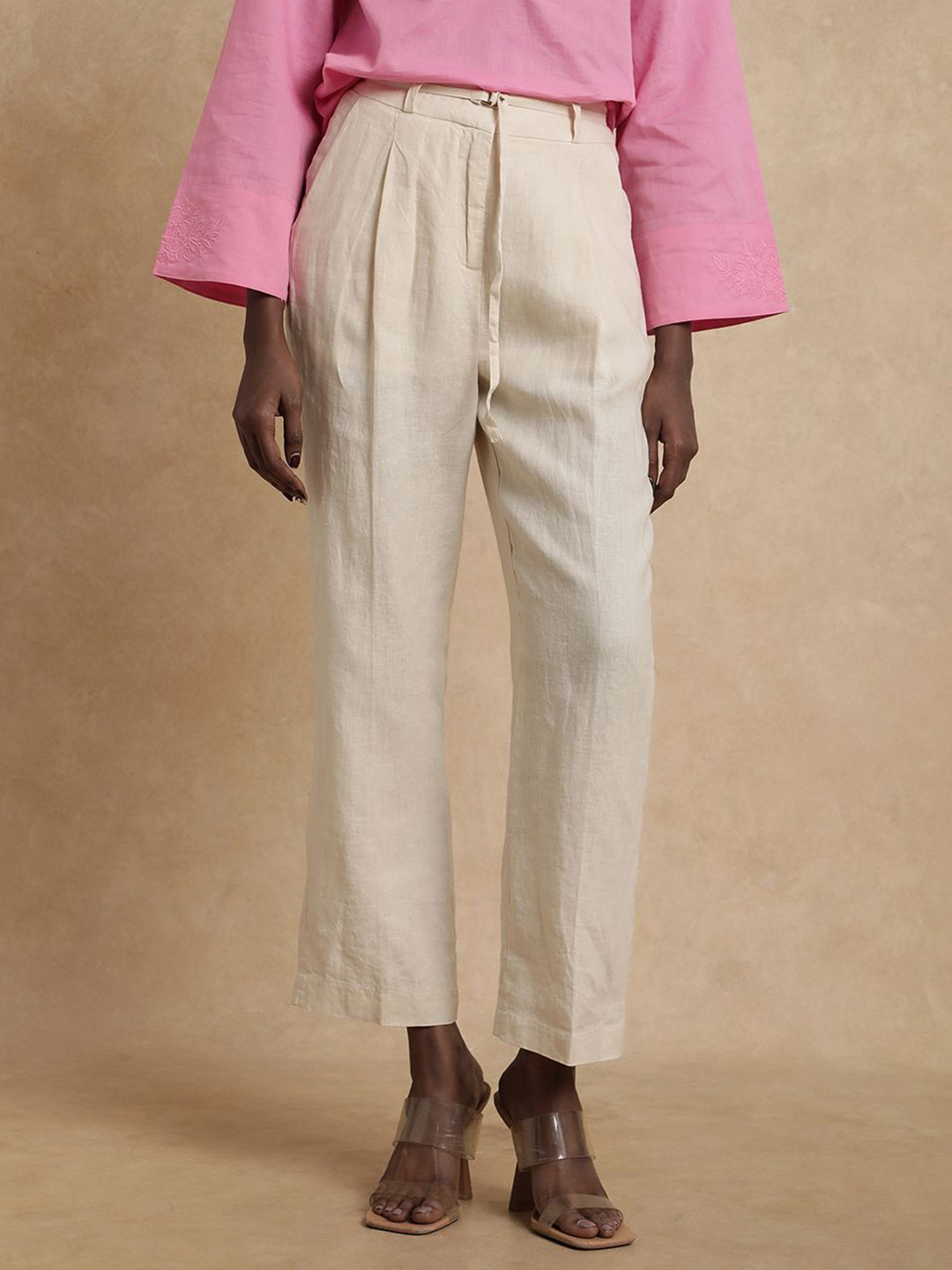 RAREISM Ronbla-b Beige Women Comfort Straight Fit High-Rise Trousers