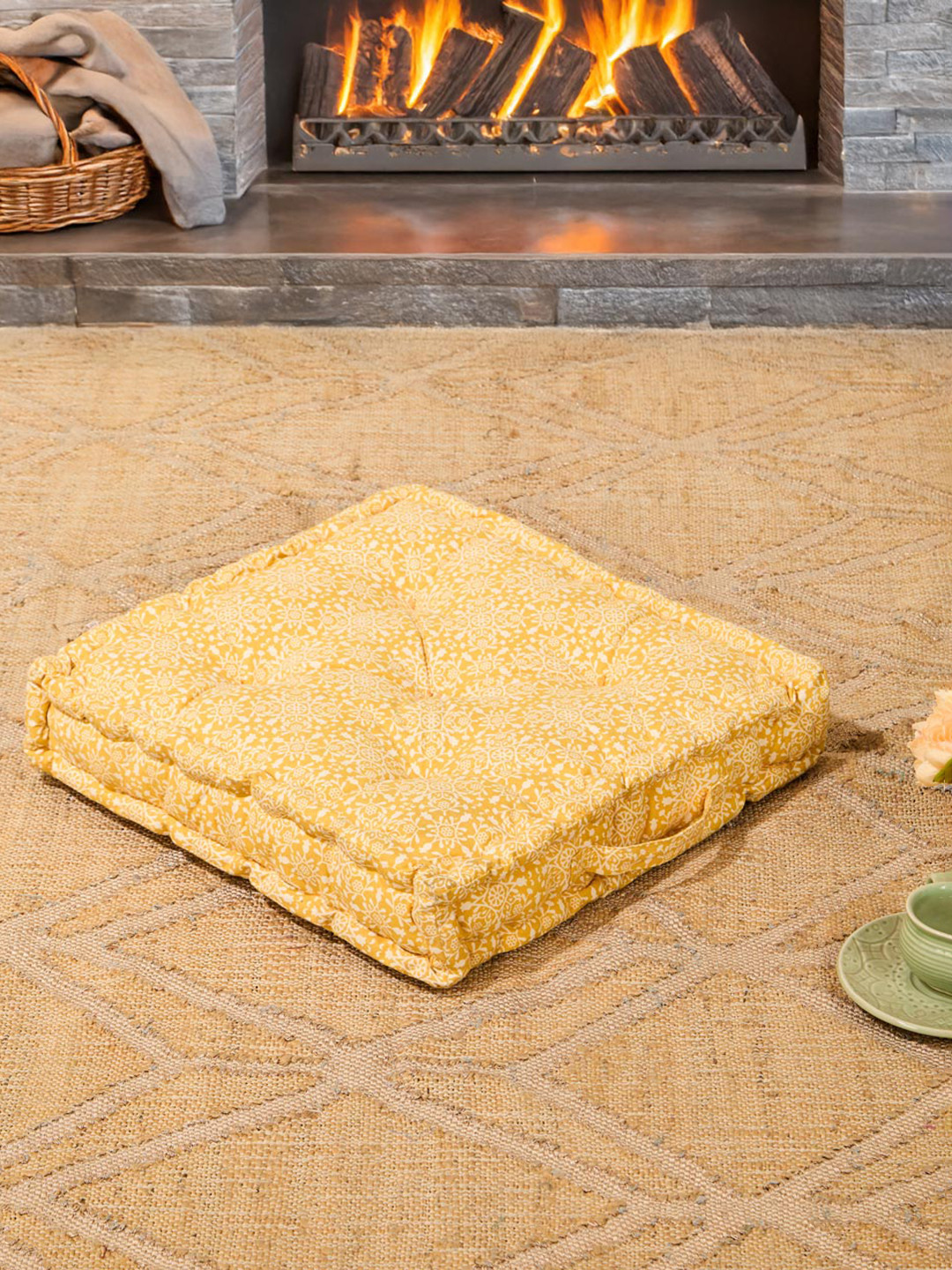 Fabindia Yellow & White Printed Cotton Pre-Filled Floor Cushion