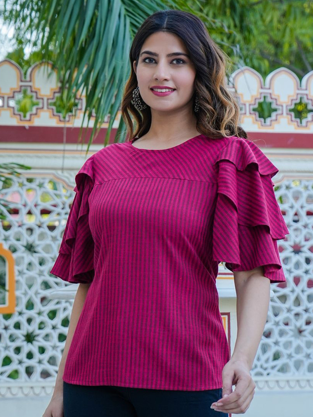 YASH GALLERY Women Ribbed Flared Sleeve Layered Top
