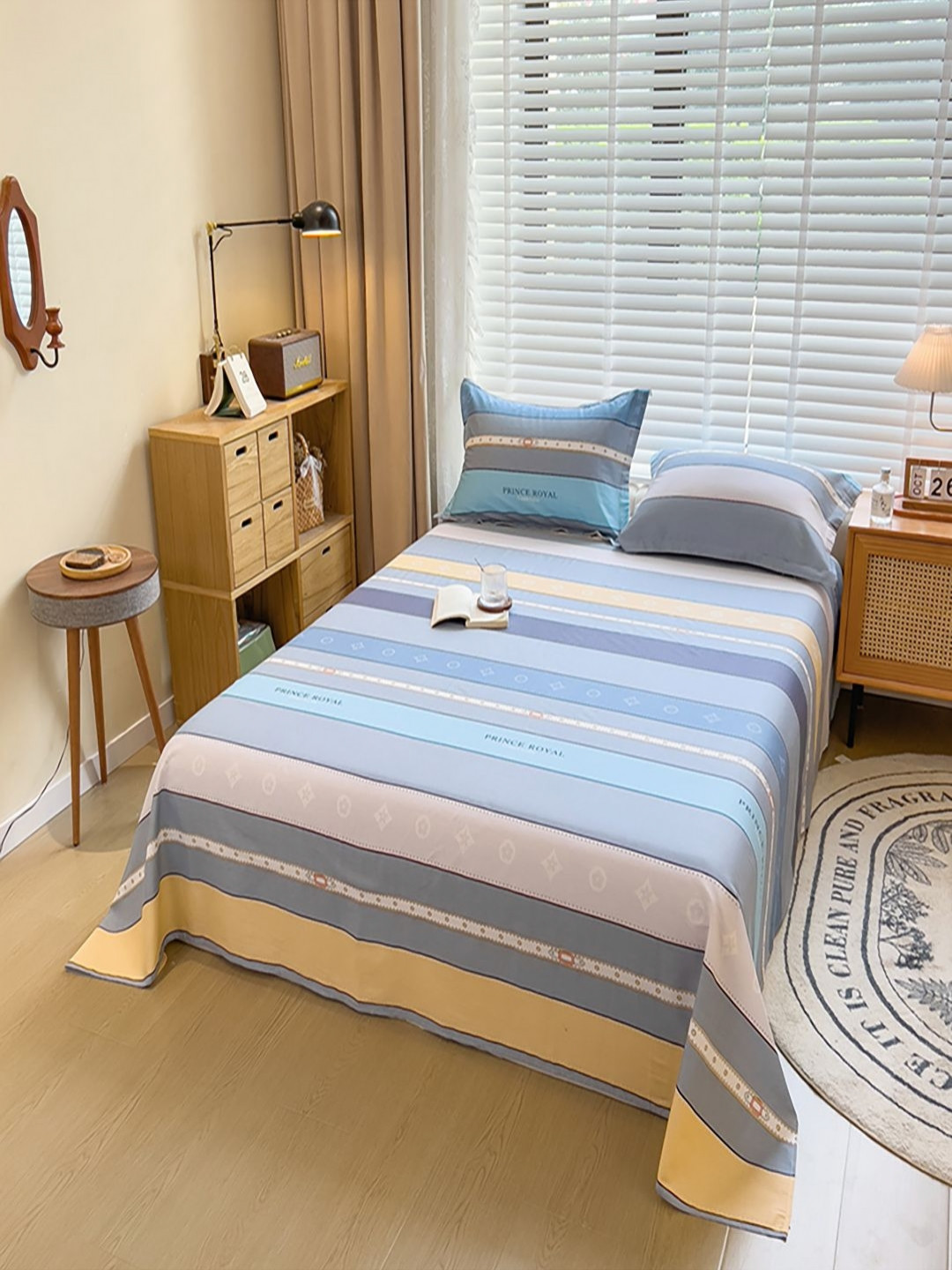 JC HOME Essential Series Blue Striped Pure Cotton 220 TC Single Bedsheet with 2 Pillow Covers-63 x 91 inches