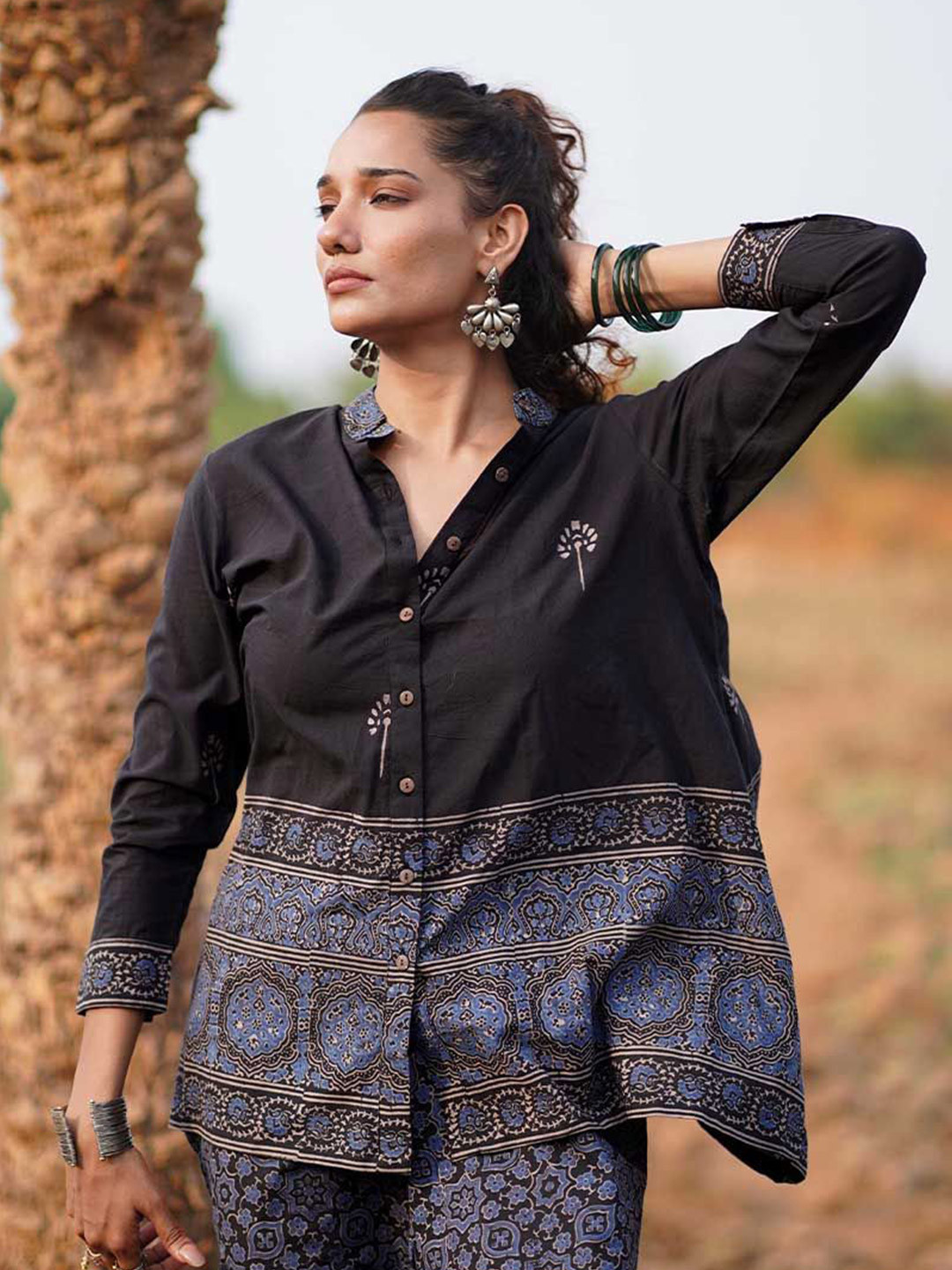 Chidiyaa Women Mandarin Collar WWB Casa Blanca Lily Blockprinted Cotton Top