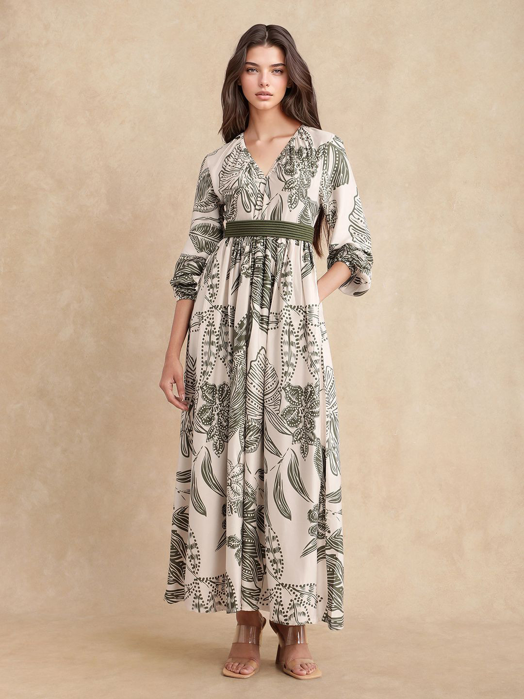 RAREISM Ronap Primary Beige Printed Maxi Dress