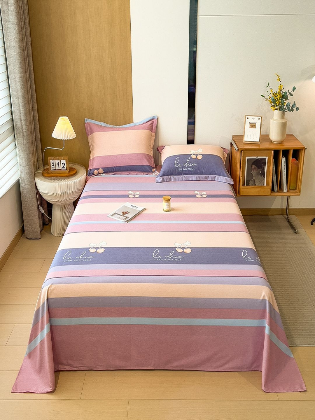 JC HOME Pink & Purple Printed 140 TC Queen Bedsheet Set- 1.8 m x 2.3 m