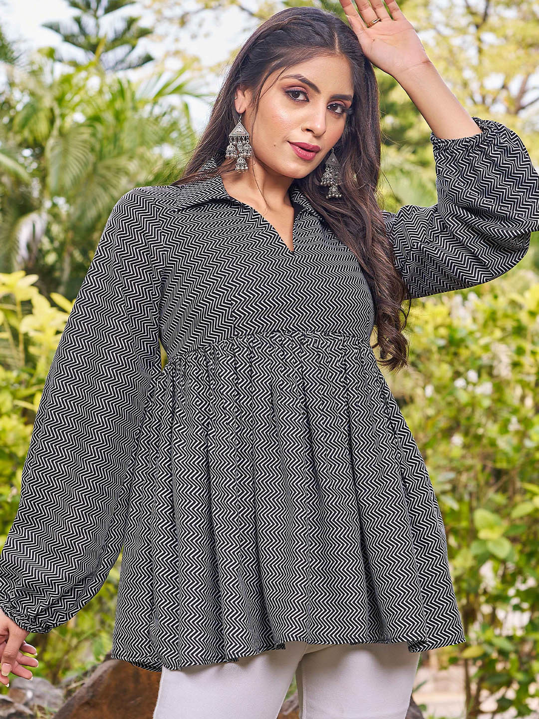 CHANSI Women Cotton Shirt Collar Printed Tunic