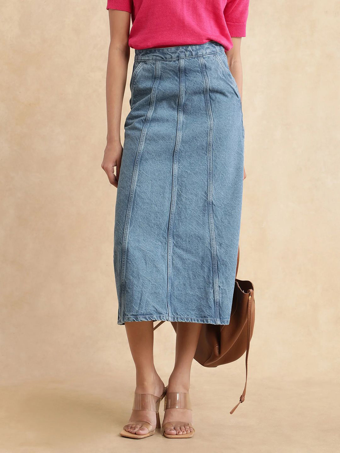 RAREISM Women Parrit Primary Blue Denim A-Line Midi Skirt