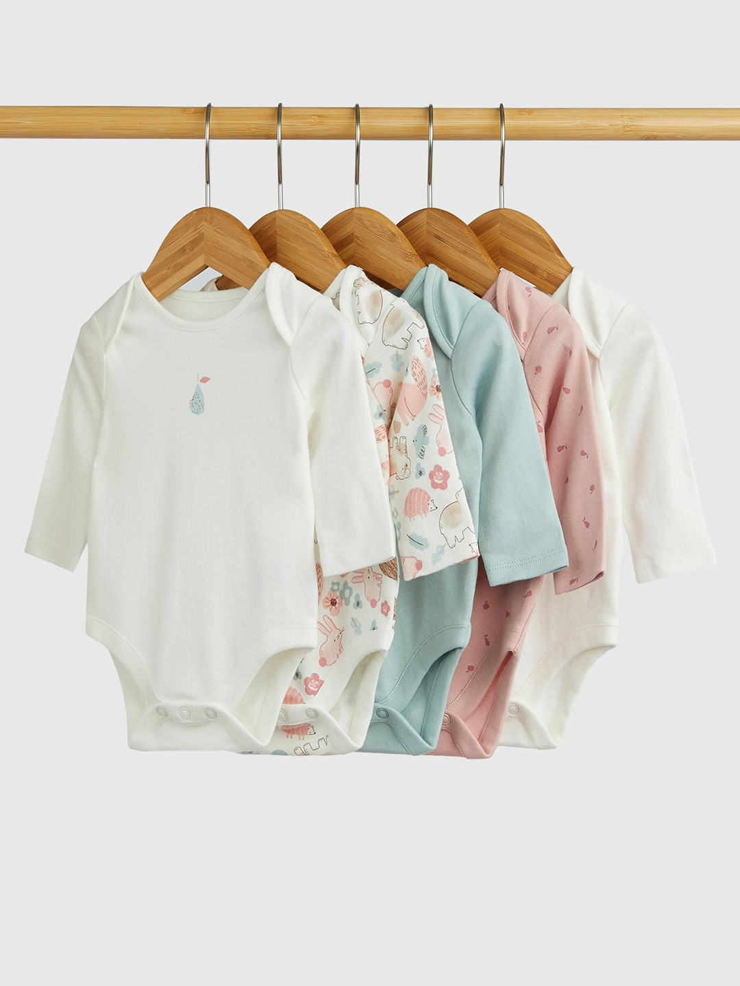 mothercare Girl 5-Pcs Woodland Animals Printed Pure Cotton Long Sleeve Bodysuits