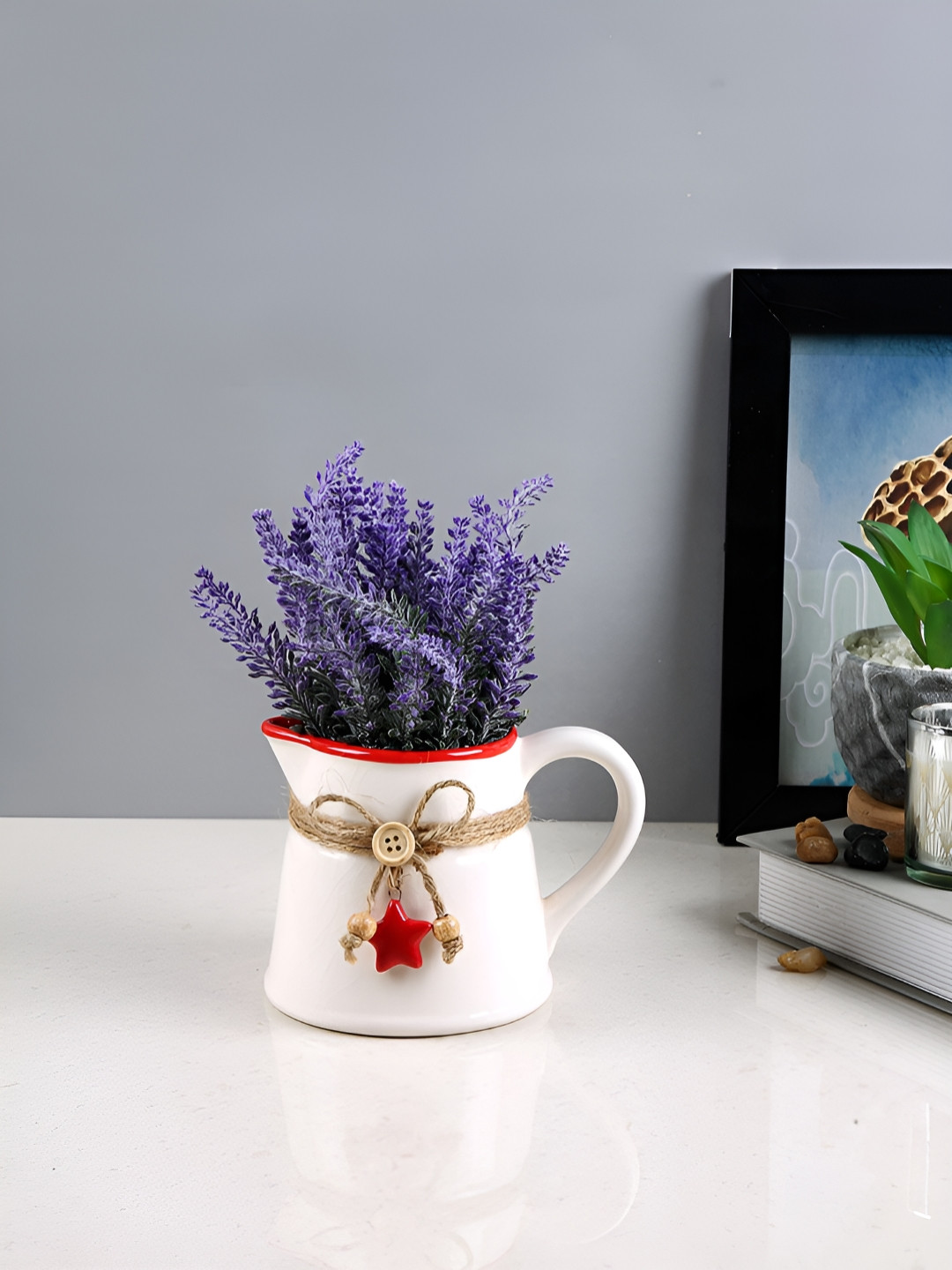 TAYHAA White & Red Rustic Charm Textured Ceramic Pitcher Flower Vase