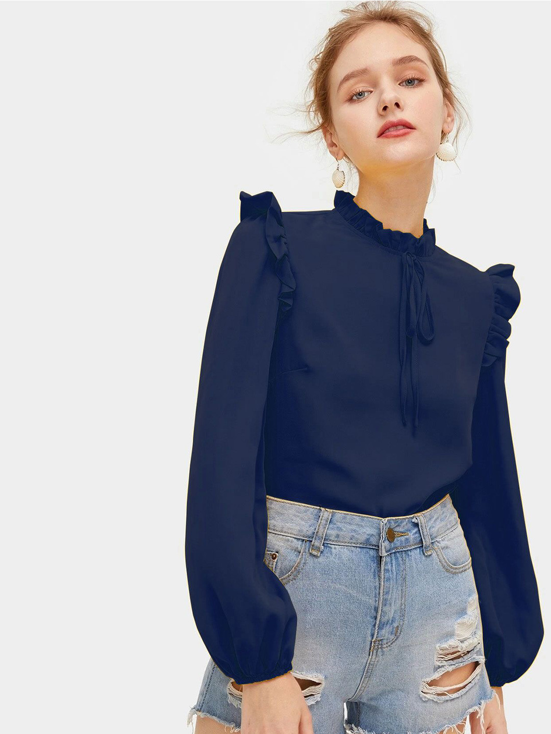 Tishani Solid Blue Tie-Up Neck Frills Detail Top