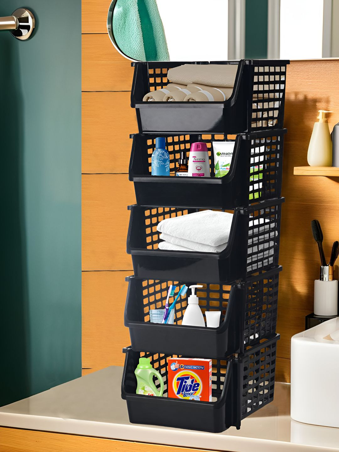 Kuber Industries Black Self Design 5 Tier Plastic Bathroom Storage Rack Organiser