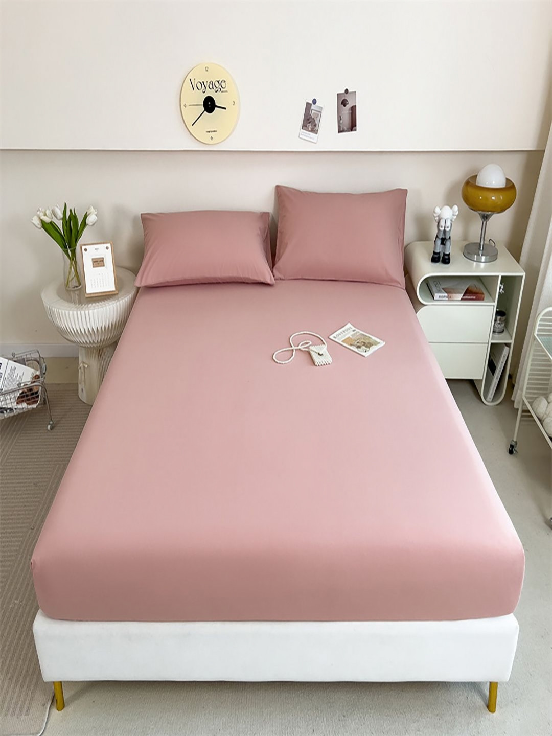 JC HOME All Seasons Pink Pure Cotton 220 TC Fitted King Fine Bedsheet with 2 Pillow Covers-71 x 79 inches