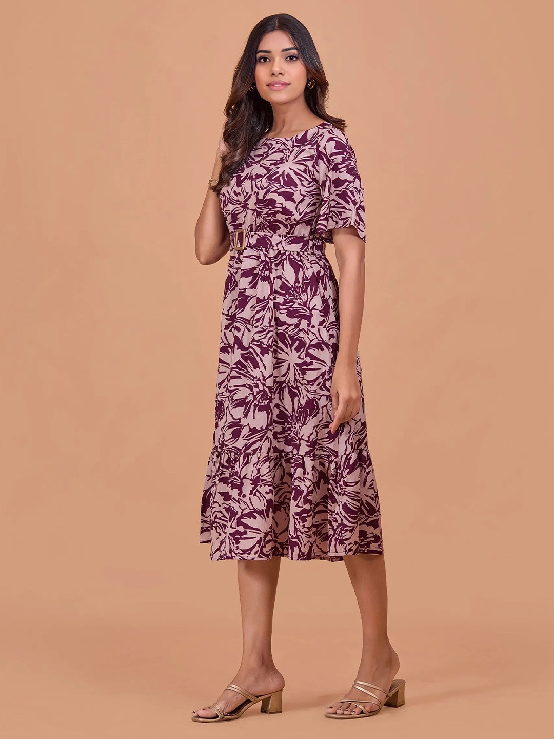 all about you Women Floral Print Boat Neck A-Line Midi Dress Comes with a belt