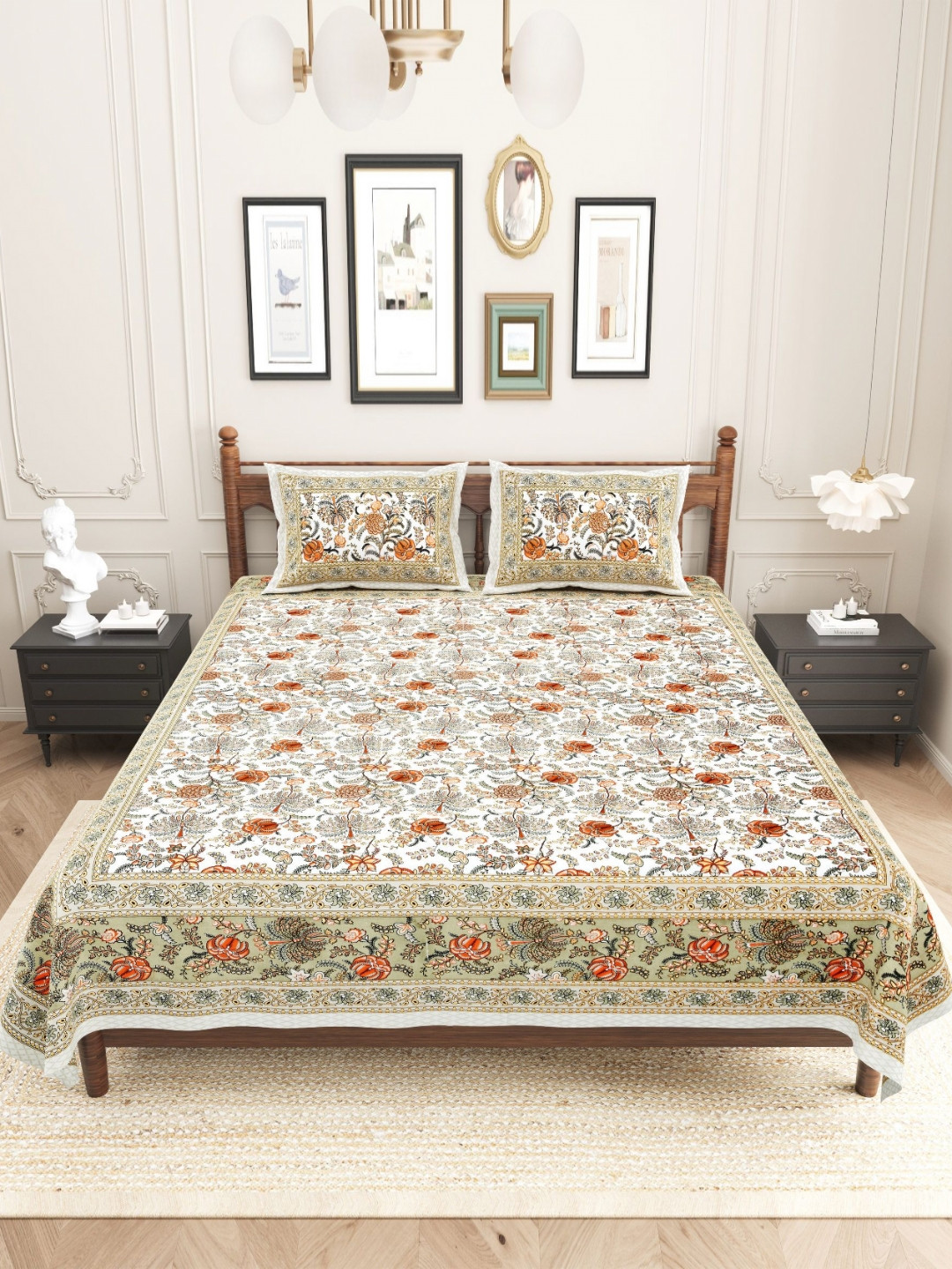 Urban Jaipur Elegance Collection Coral Floral Cotton 186 TC King Fine Bedsheet with 2 Pillow Covers-87 x 93 inches