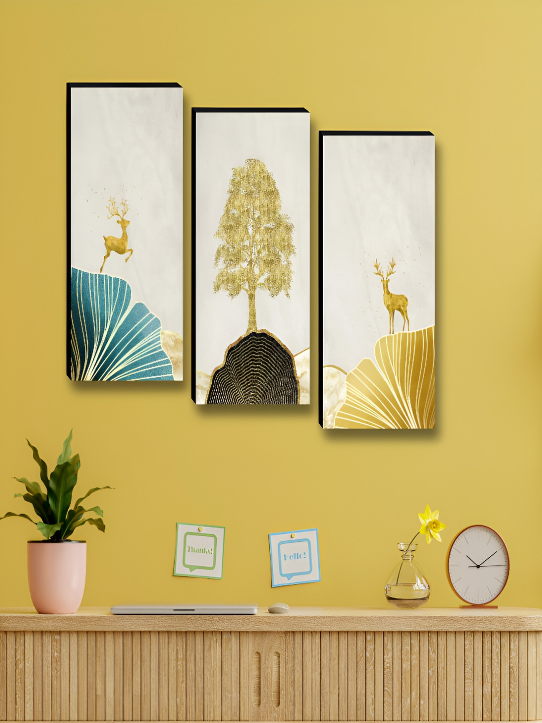Myntra Elegant Homes White & Gold-Toned 3Pcs Tree Deer Floral & Botanical Wooden Wall Art