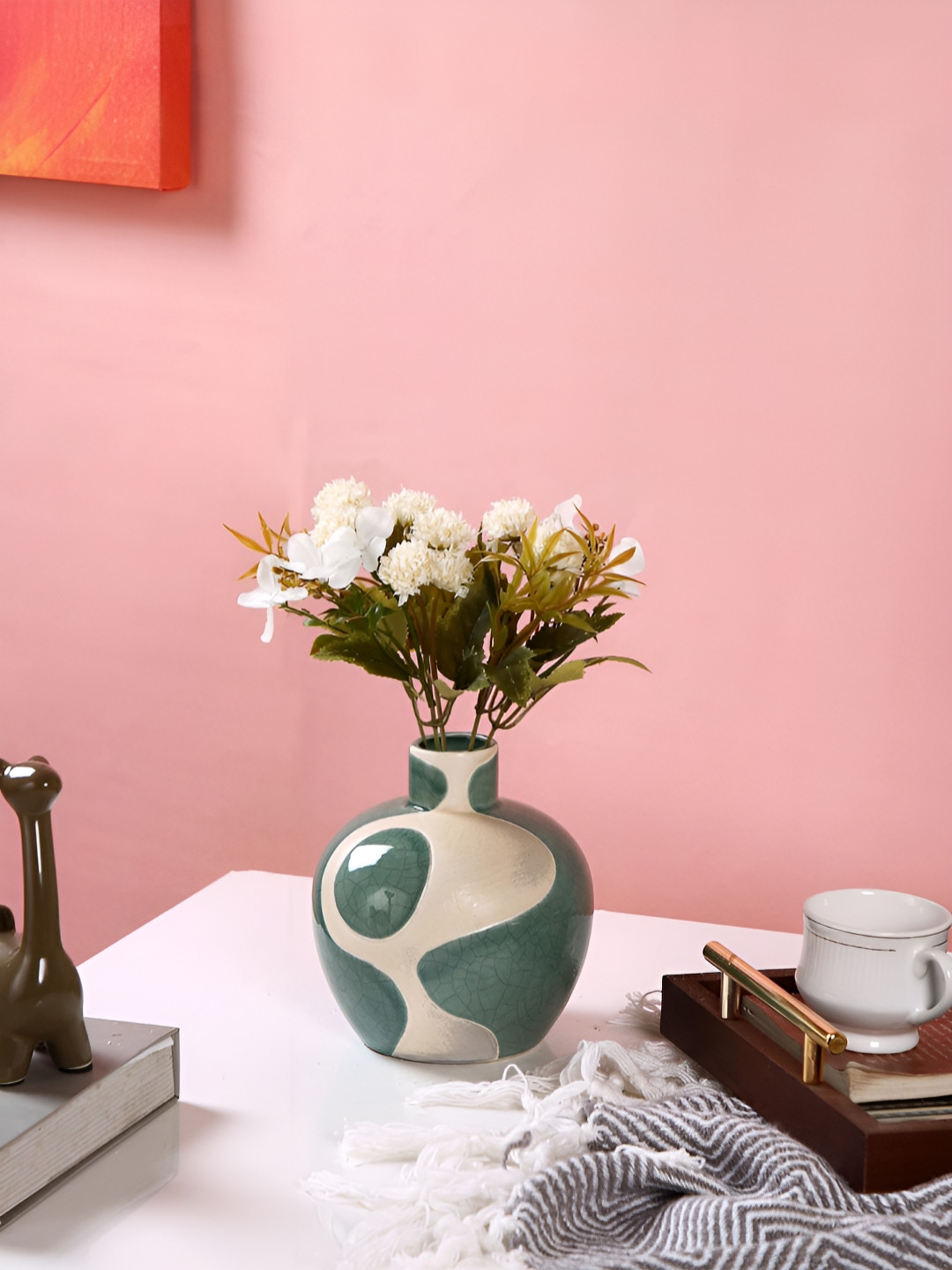 TAYHAA Green & White Printed Ceramic Emerald Glow Sphere Flower Vase