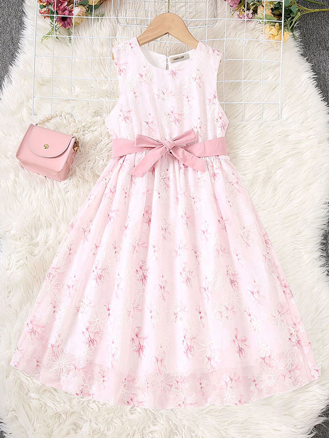INCLUD Girls Pink Floral Printed Sleeveless Fit & Flare Ready to Wear Dress
