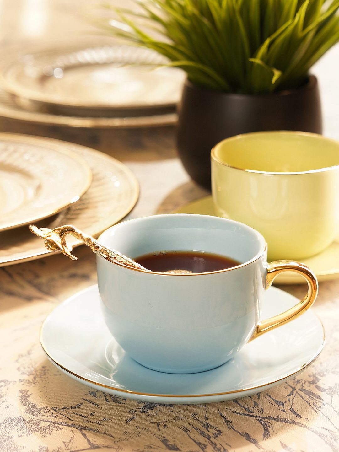 Pure Home and Living Senorita Blue and Gold-Toned Ceramic Glossy Tea Set 300 ml