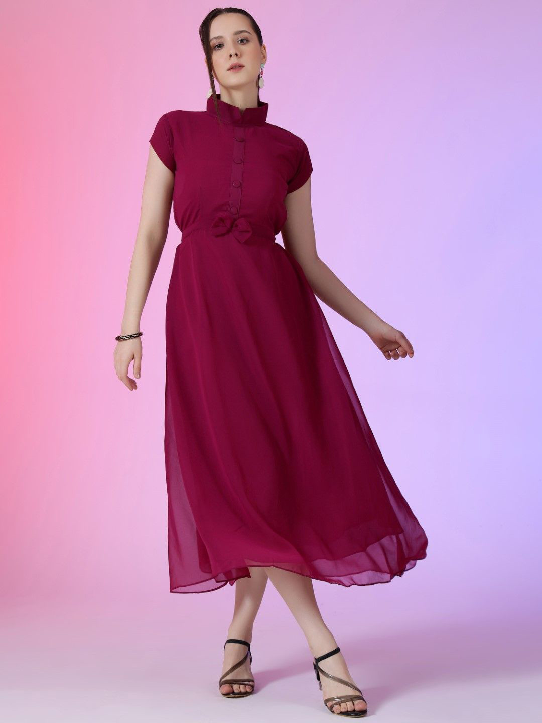 Raiyani Enterprise Mock Neck Bow Detail Fit & Flare Maxi Dress