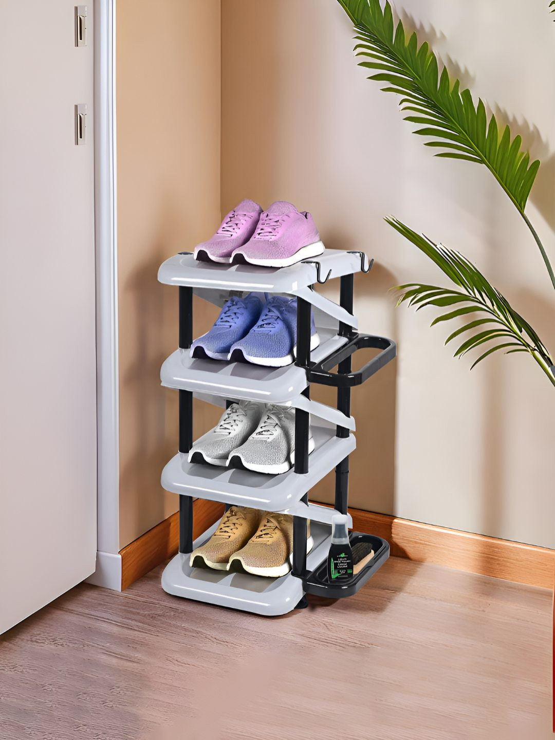 Kuber Industries Grey Foldable 4 Tier Shoe Stand With Side Hooks