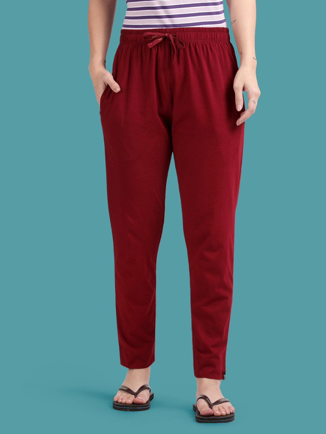 Twin Birds Women Cotton Solid Cherry Berry Mid-Rise Lounge Pant