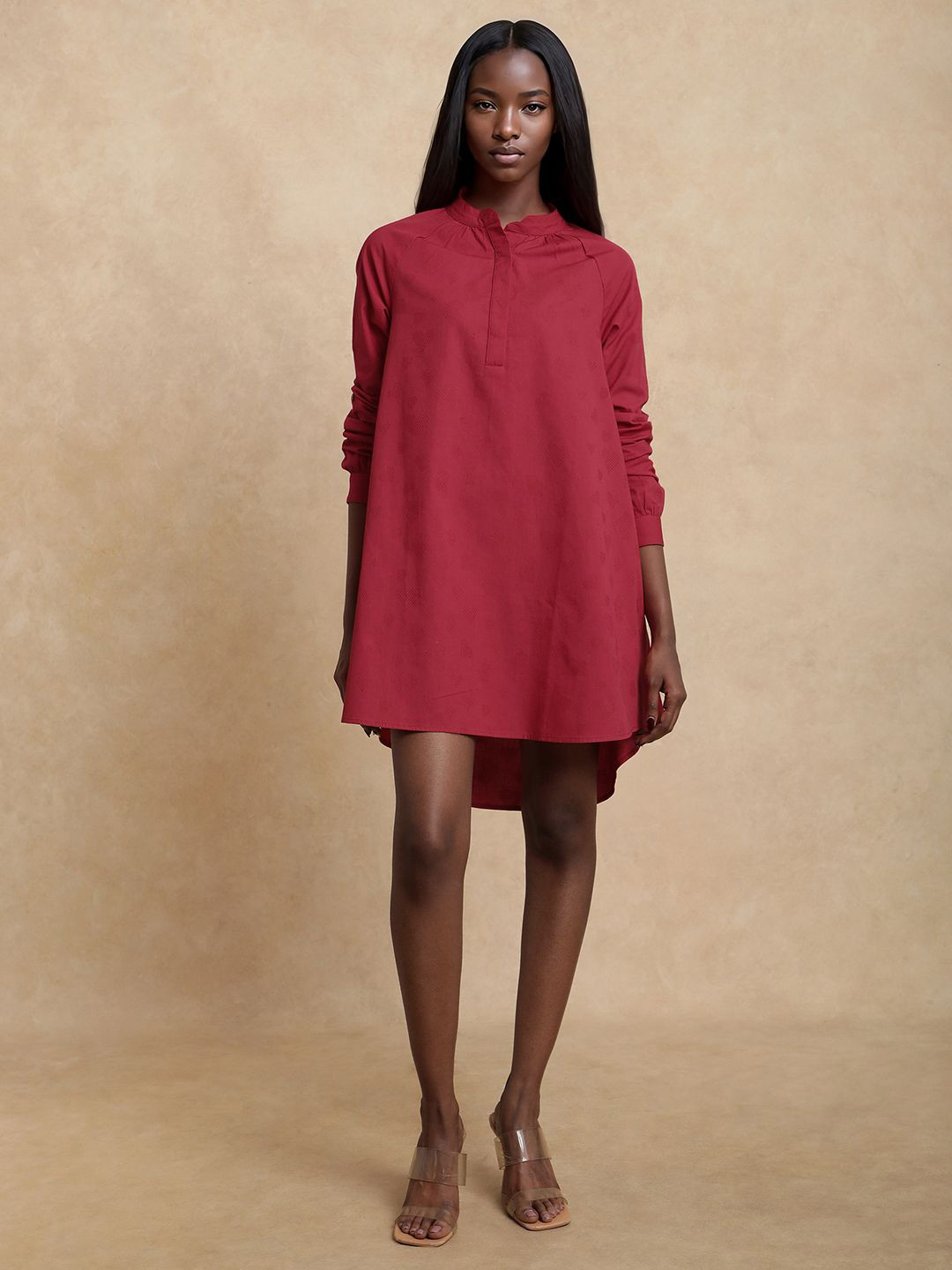 RAREISM SOMIGI Women Cotton Mandarin Collar A-Line Mini Dress