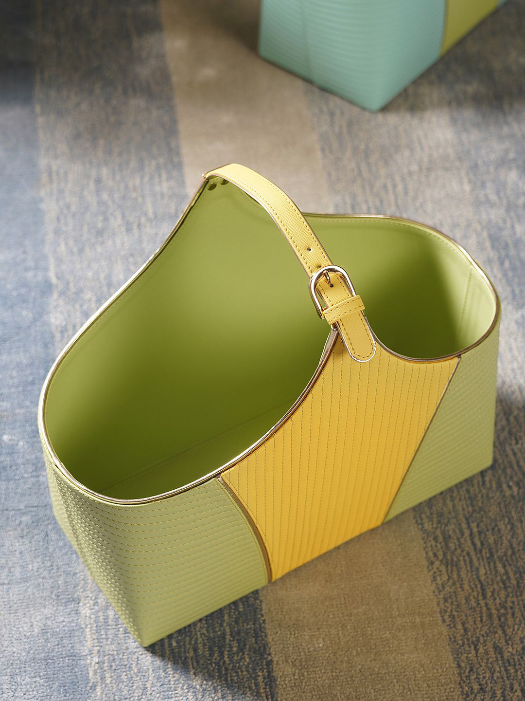 Pure Home and Living Green and Yellow Textured Faux Leather Magazine Organiser