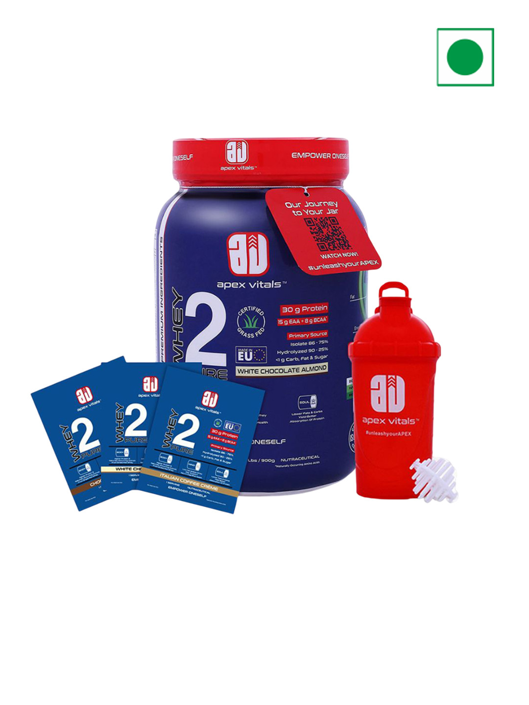 Apex Vitals Whey 2 Pure Protein- 900 g- Chocolate Almond With Free Sample Sachets & Shake