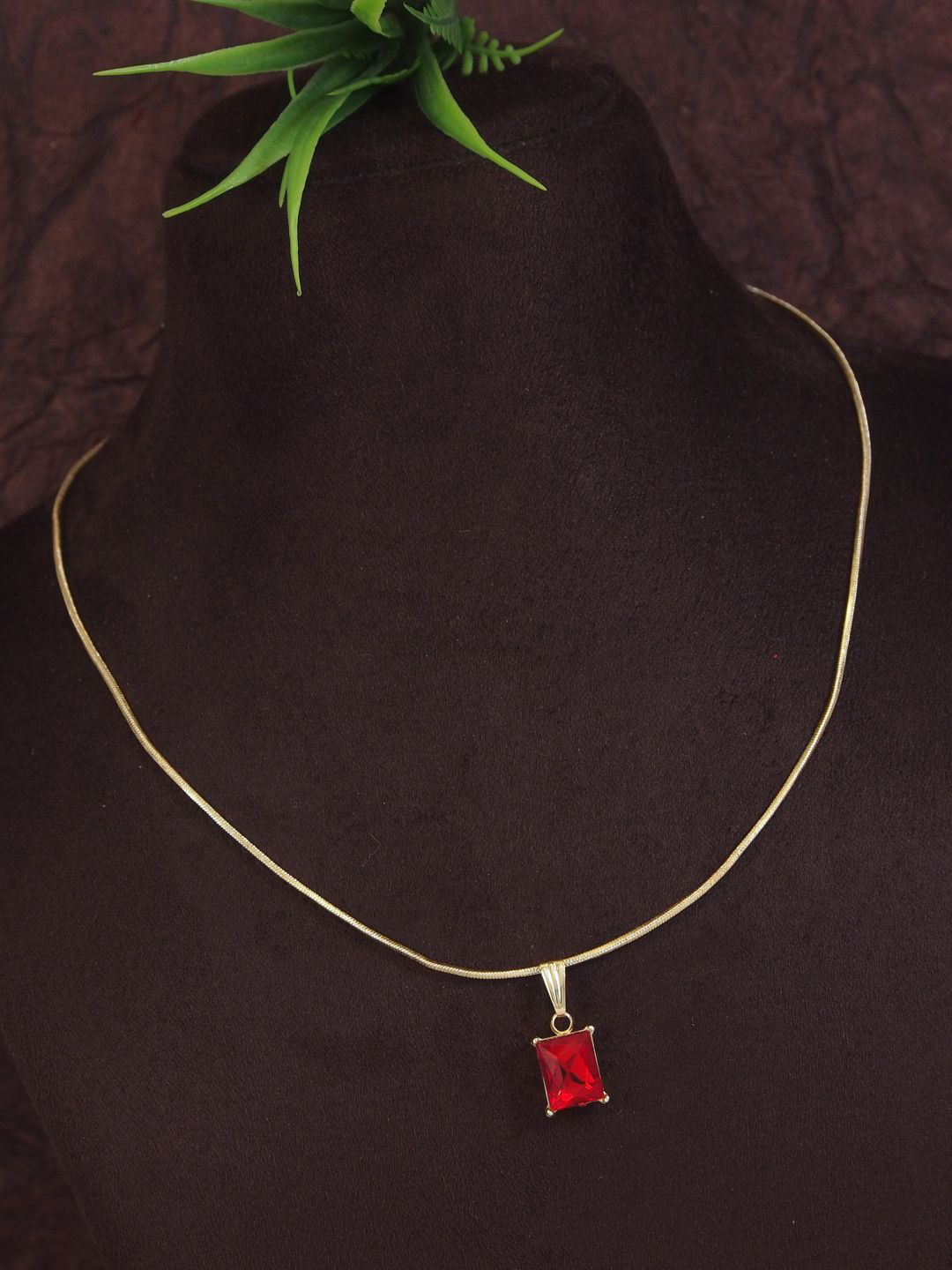 V FASHION JEWELLERY Gold-Plated Artificial Stones Rectangular Charm Pendant With Chain