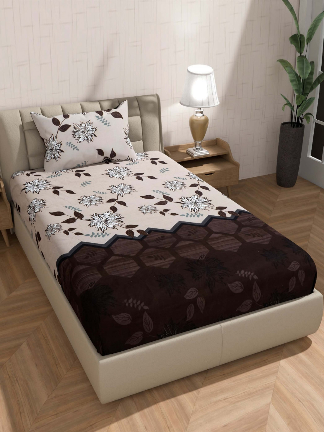 BLUEDOT Panash 4 Coffee Brown Floral Cotton 210 TC Fitted Single Fine Bedsheet with a Pillow Cover-150 x 228 cm