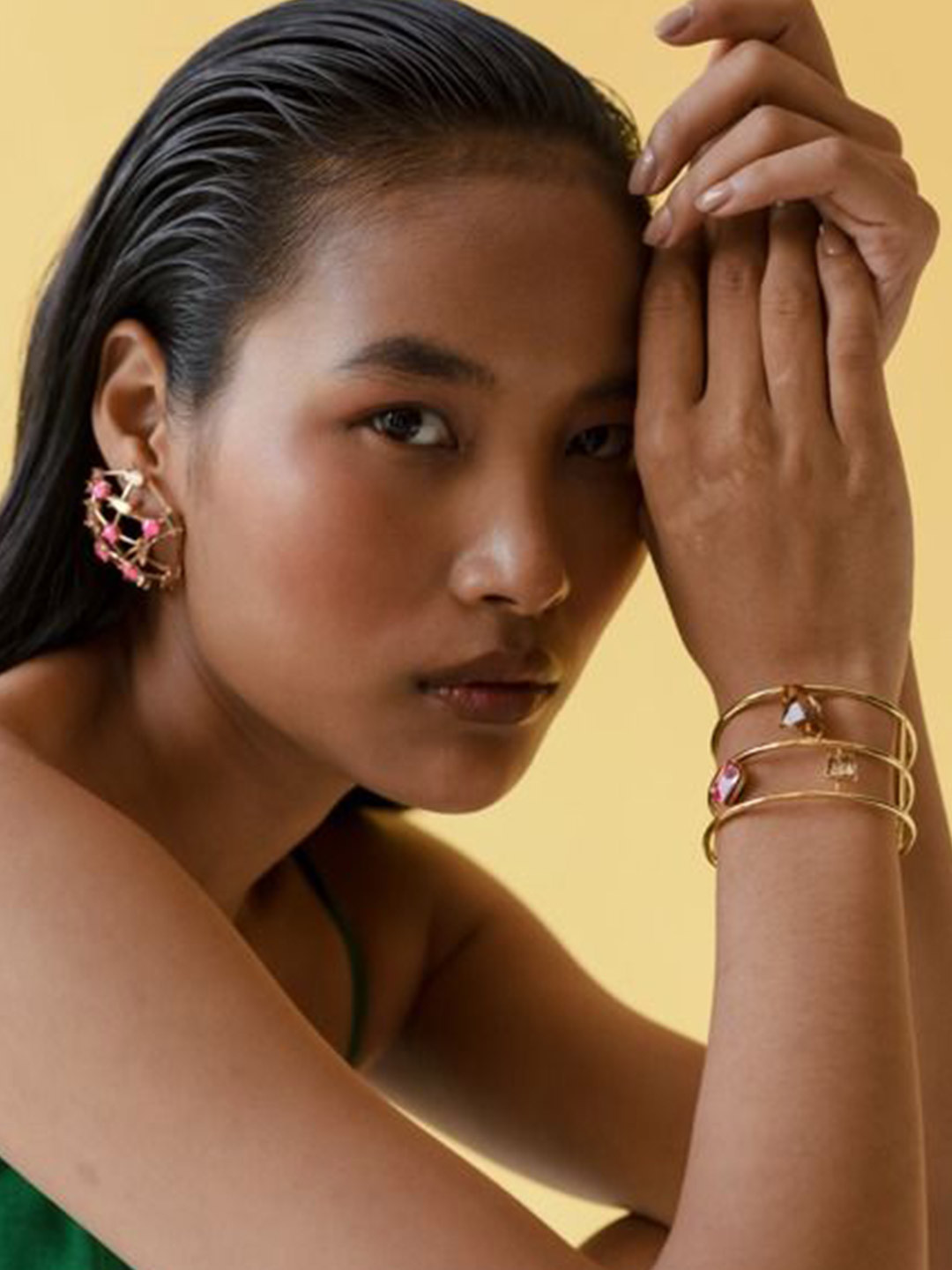 ESME Gold-Plated Artificial Stones Studded Cuff Bracelet
