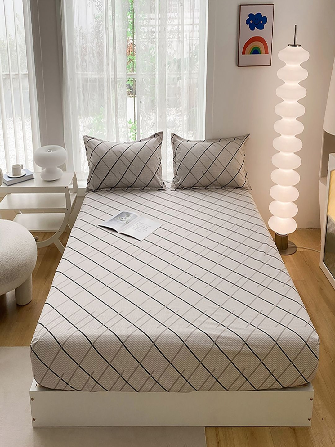 JC HOME Brown Geometric Polycotton 220 TC Fitted King Bedsheet with 2 Pillow Covers-200 x 220 cm