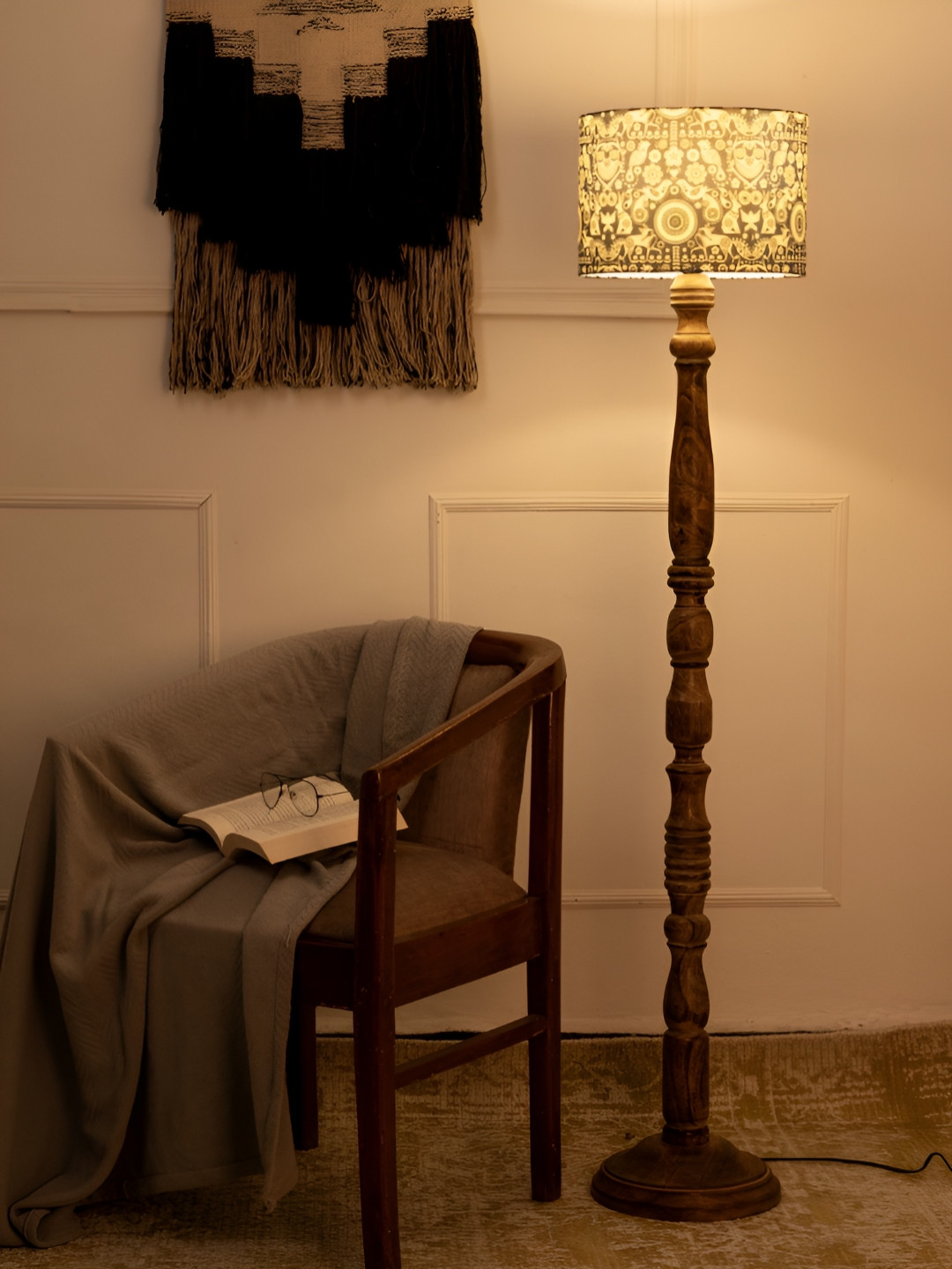 green girgit White & Brown Ethnic Motifs Printed Cylinder Wooden Floor Lamp