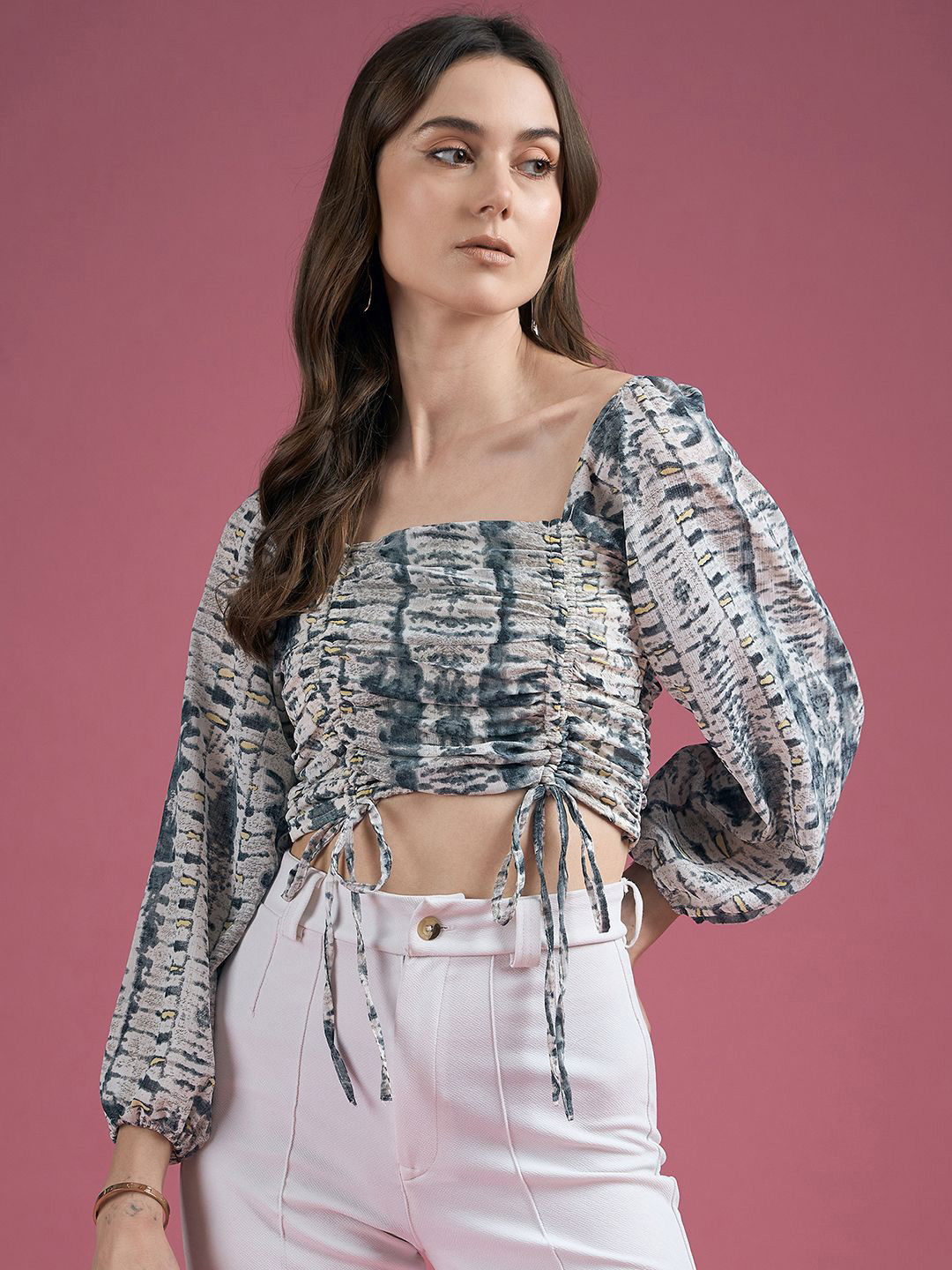 CORSICA Women Tie and Dye Printed Puff Sleeve Crop Top