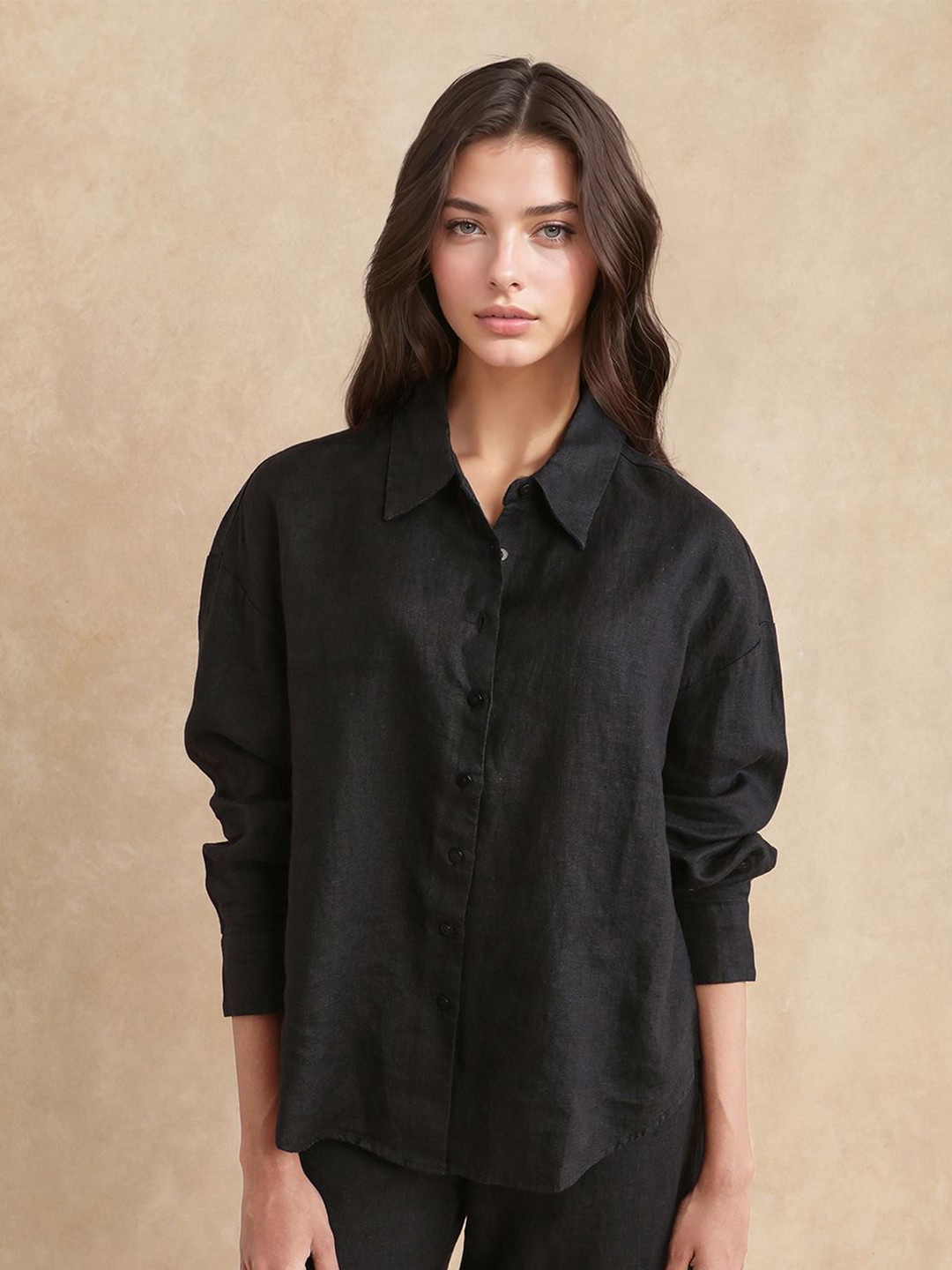 RAREISM Janria Women Solid Black Spread Collar Regular Fit Shirt