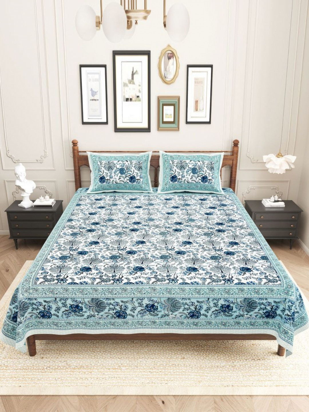 Urban Jaipur Elegance Collection Blue Floral Cotton 186 TC King Fine Bedsheet with 2 Pillow Covers-90 x 108 inches