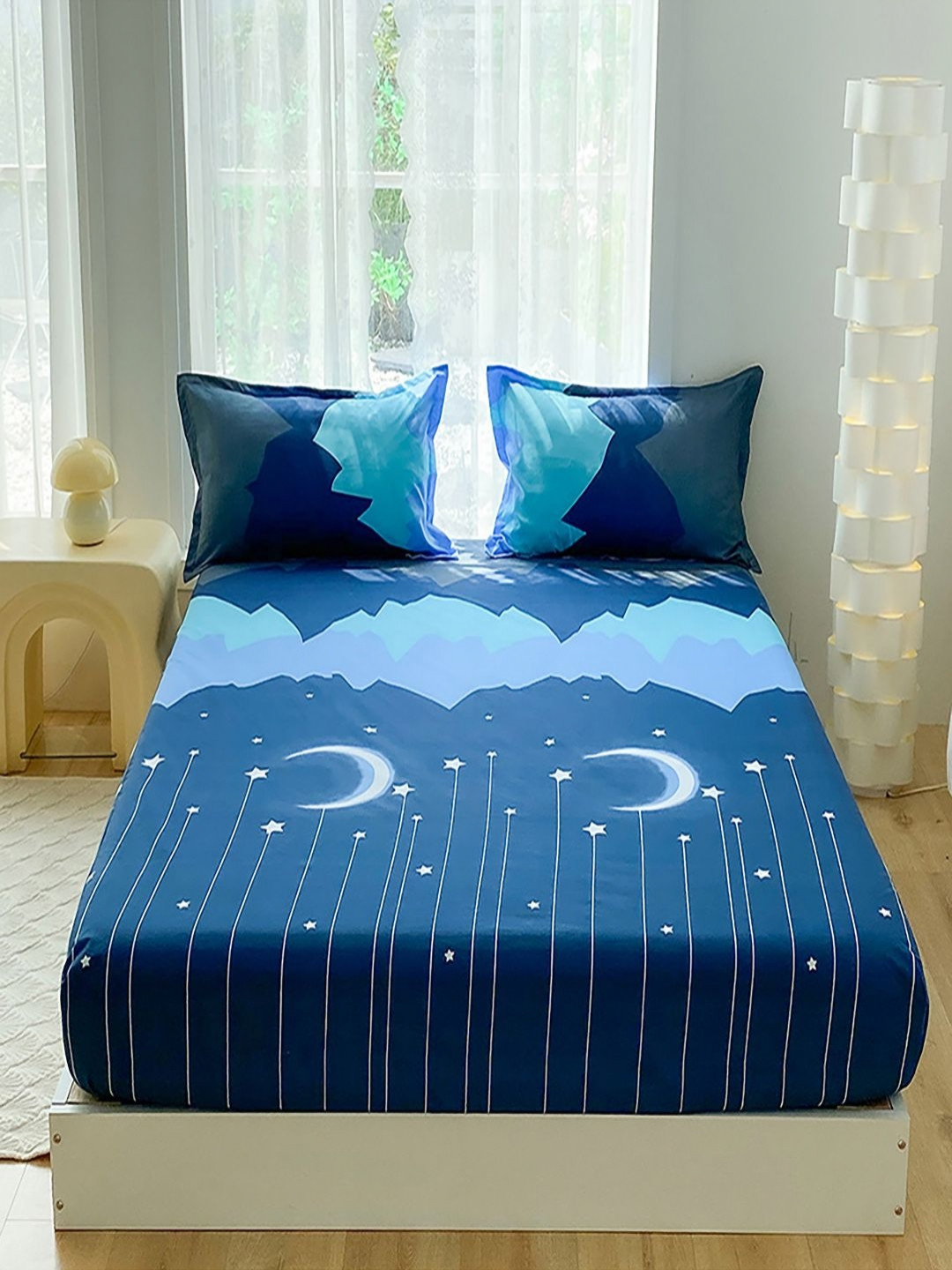 JC HOME Book Fold Blue Graphic Polycotton 140 TC Fitted Single Bedsheet with 2 Pillow Covers-47 x 79 inches
