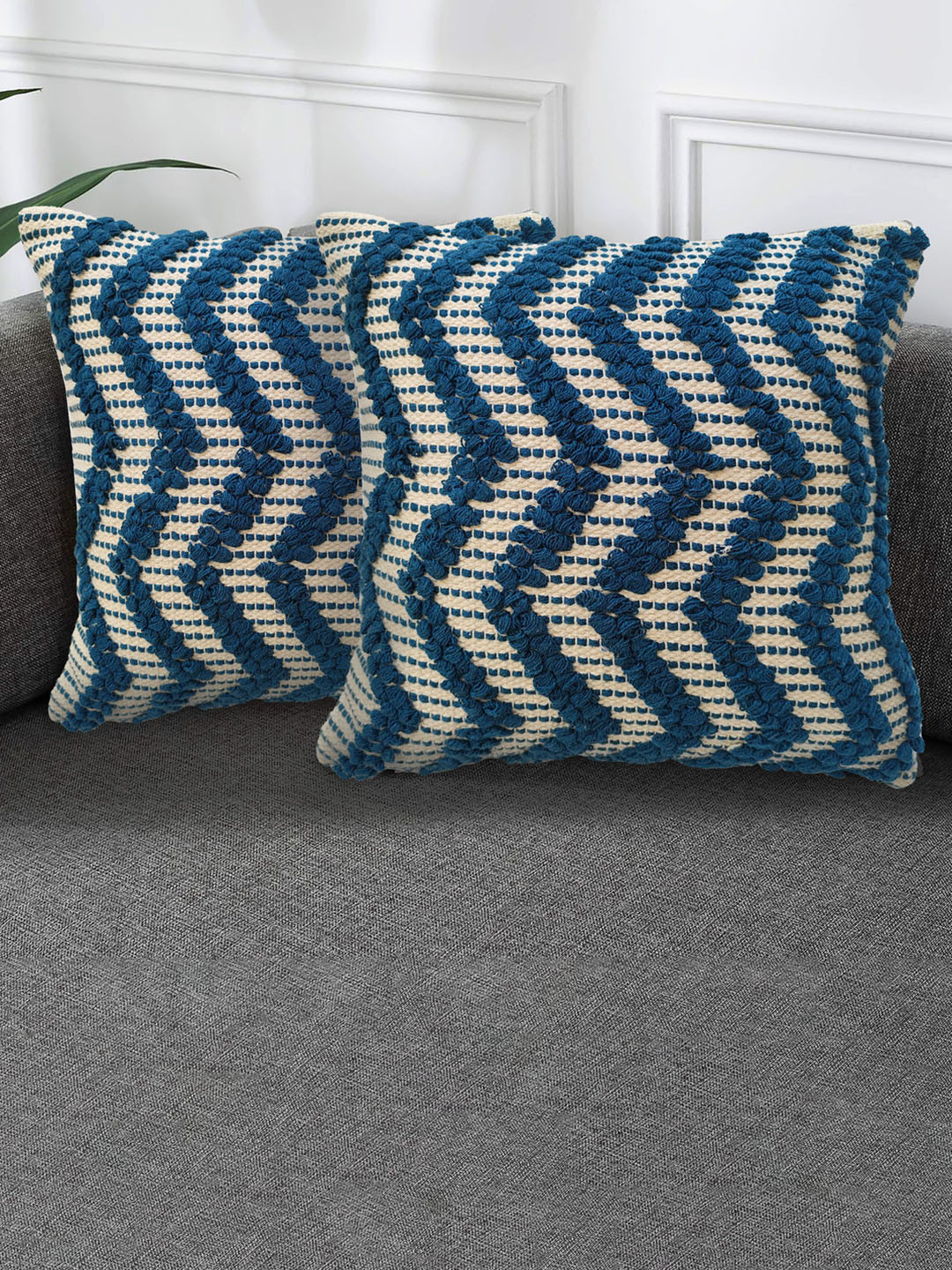 ELEGANT WEAVERS Blue & Beige Set of 2 Checked Square Cushion Covers
