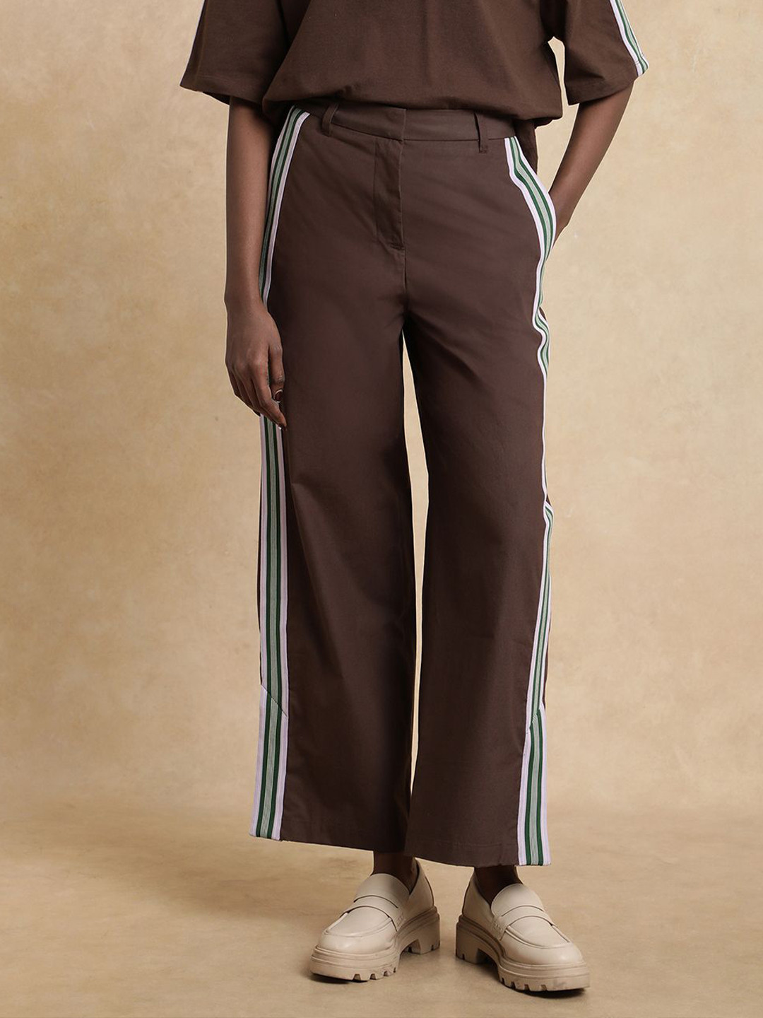 RAREISM Nonwen-B Primary Brown Women Comfort Loose Fit High-Rise Trousers