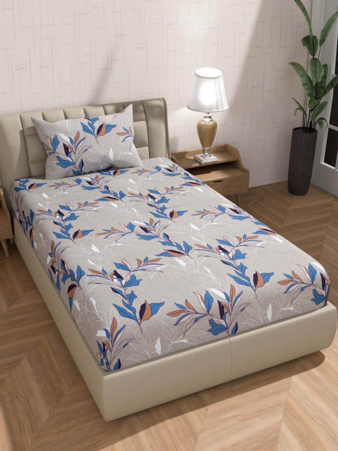 BLUEDOT Panash Grey Leaf Cotton 210 TC Fitted Single Fine Bedsheet with a Pillow Cover-59 x 89 inches