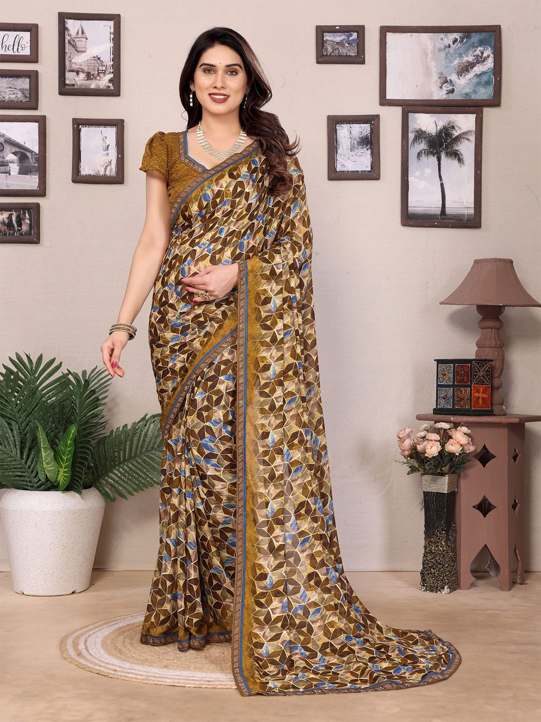 Ambuja International Beads and Stones Border Saree WIth  Blouse Piece