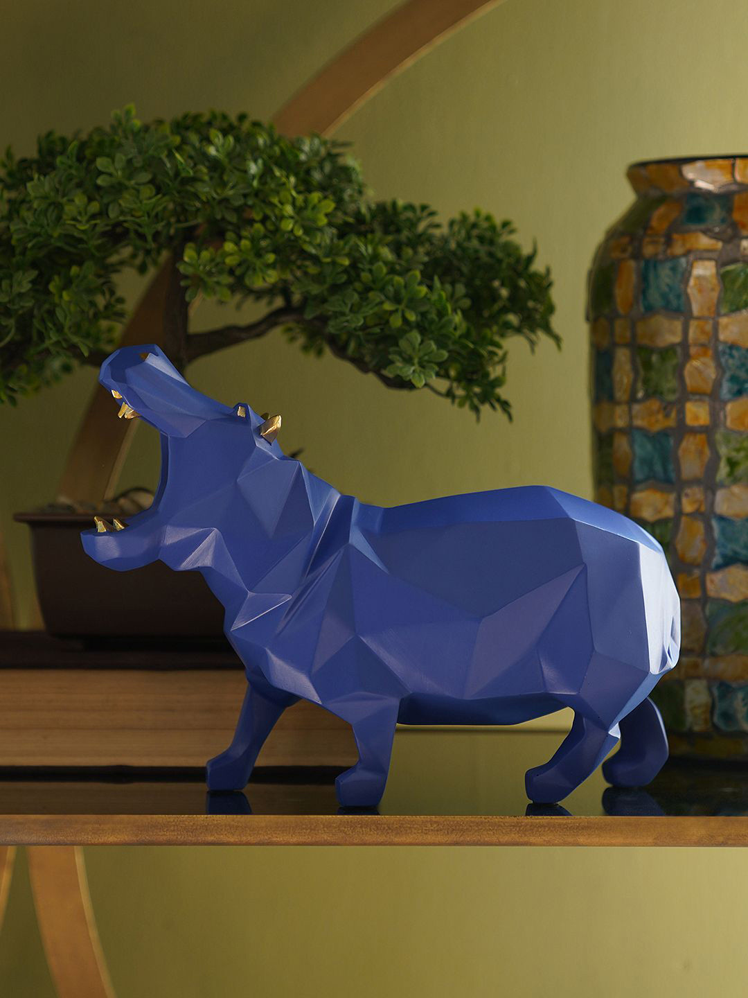 Pure Home and Living Hippopotamus Blue Polyresin Glossy Living Room Small Showpiece - 7.1 Inches