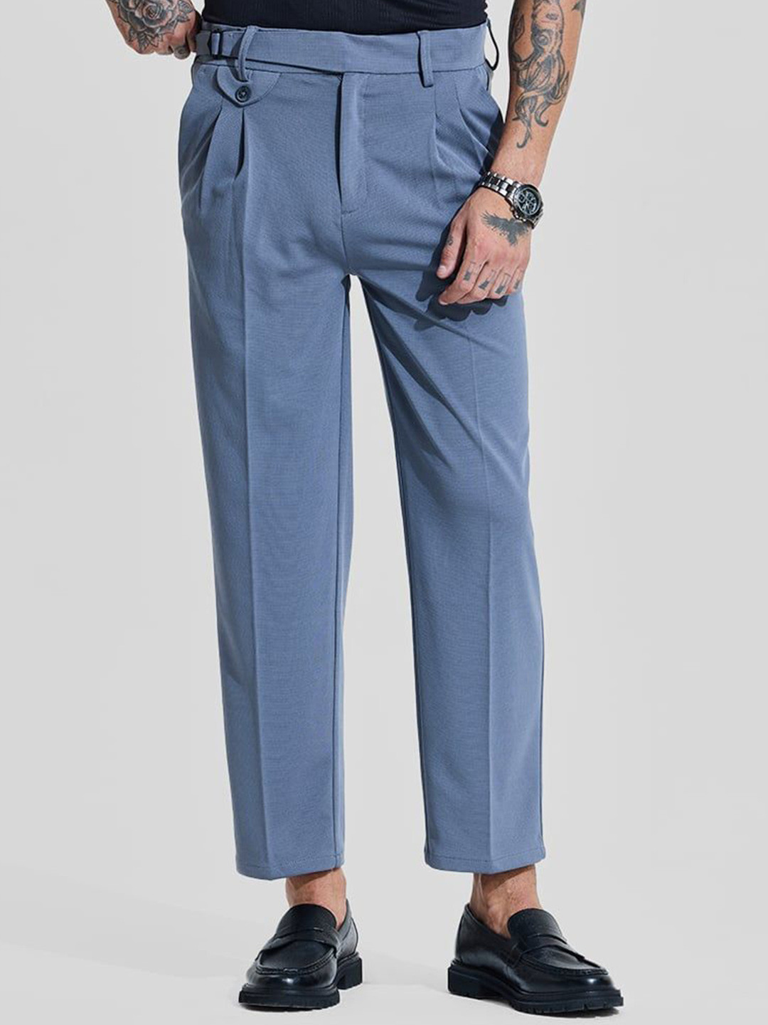 Snitch Men Greyish Blue Relaxed Fit Korean Trousers