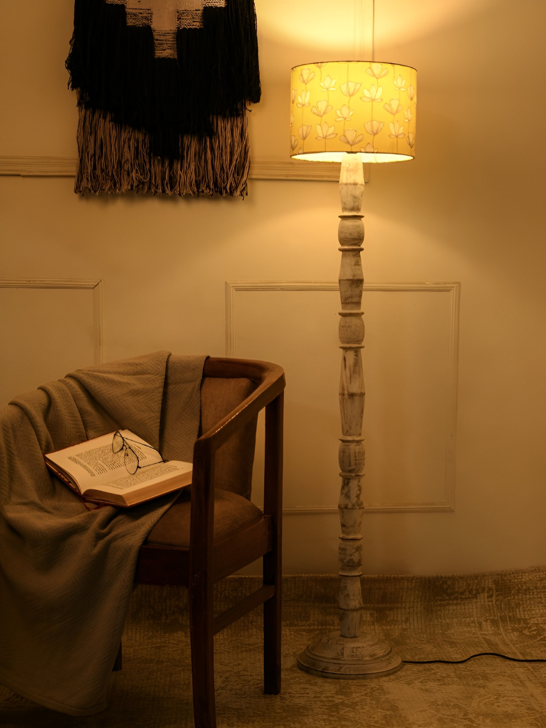 green girgit White & Mustard Printed Wooden Cylinder Floor Lamp