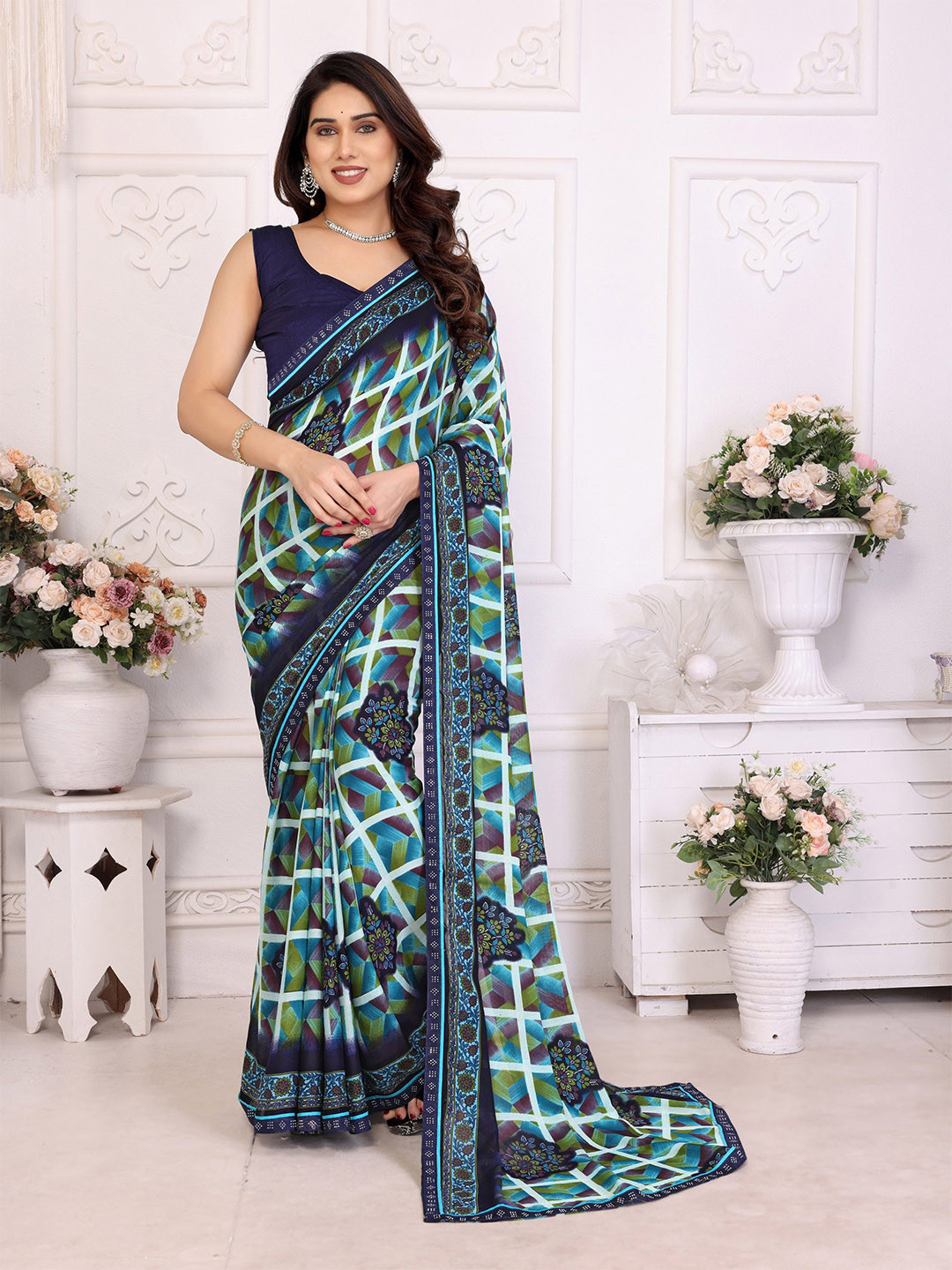 The Textile Hub Geometric Printed Beads and Stones Saree