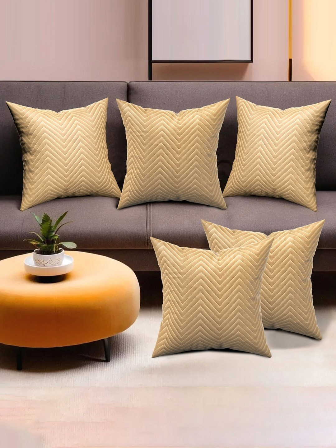 Myntra Elegant Homes Gold-Toned 5 Pieces Zig Zag Embroidery Square Cushion Covers