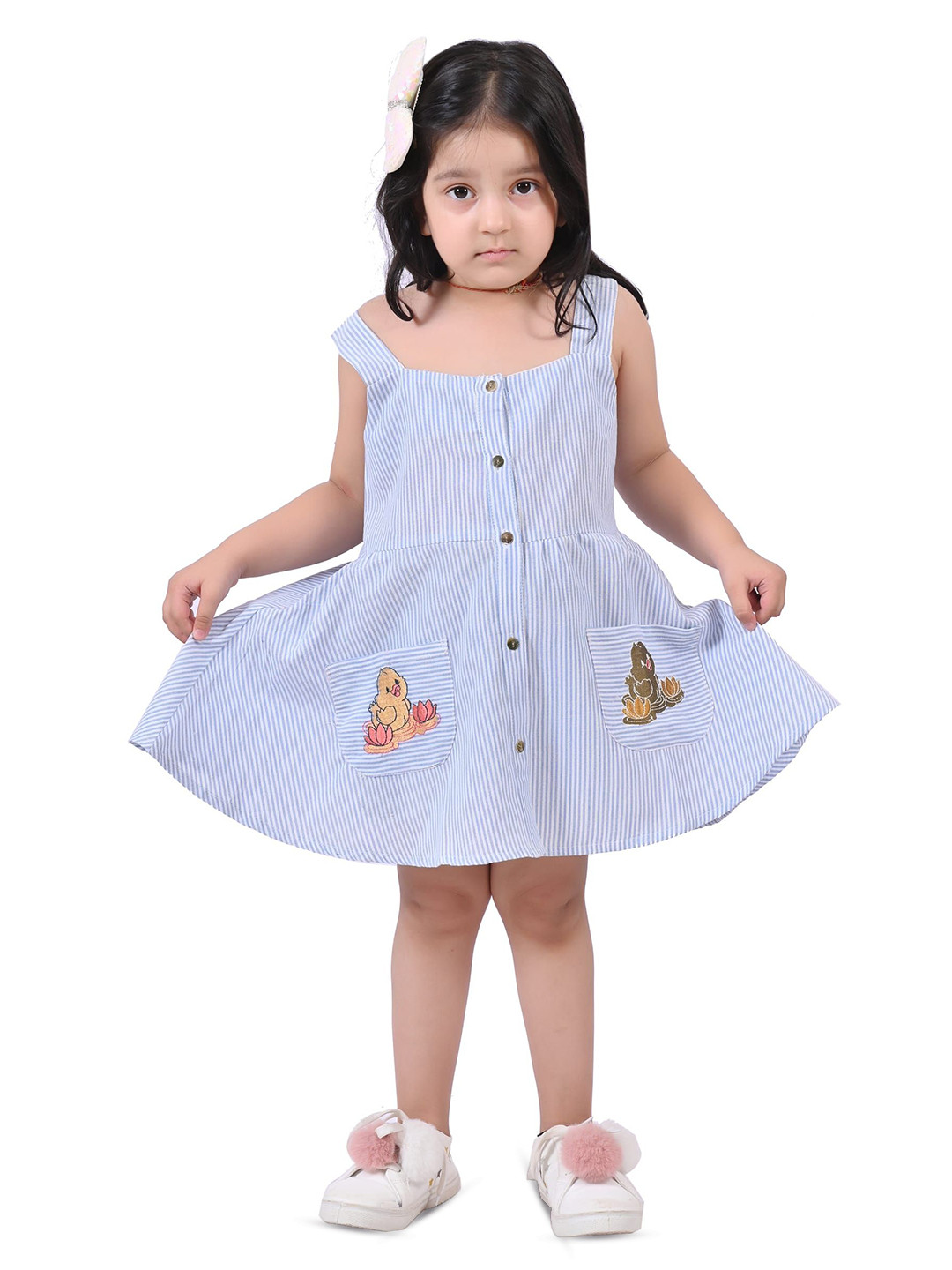 Cloth Bites Girls Embroidered Shoulder Straps Neck A-Line Dress