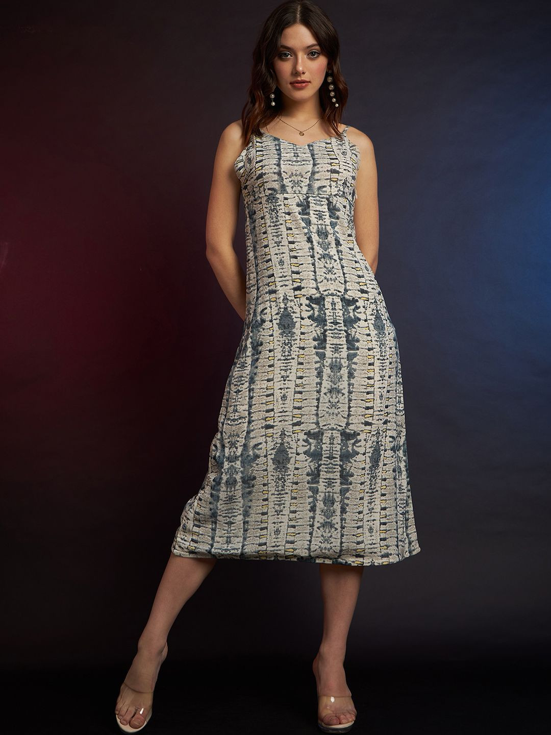 CORSICA Women Tie and Dye Printed Chiffon A-Line Midi Ready to Wear Dress